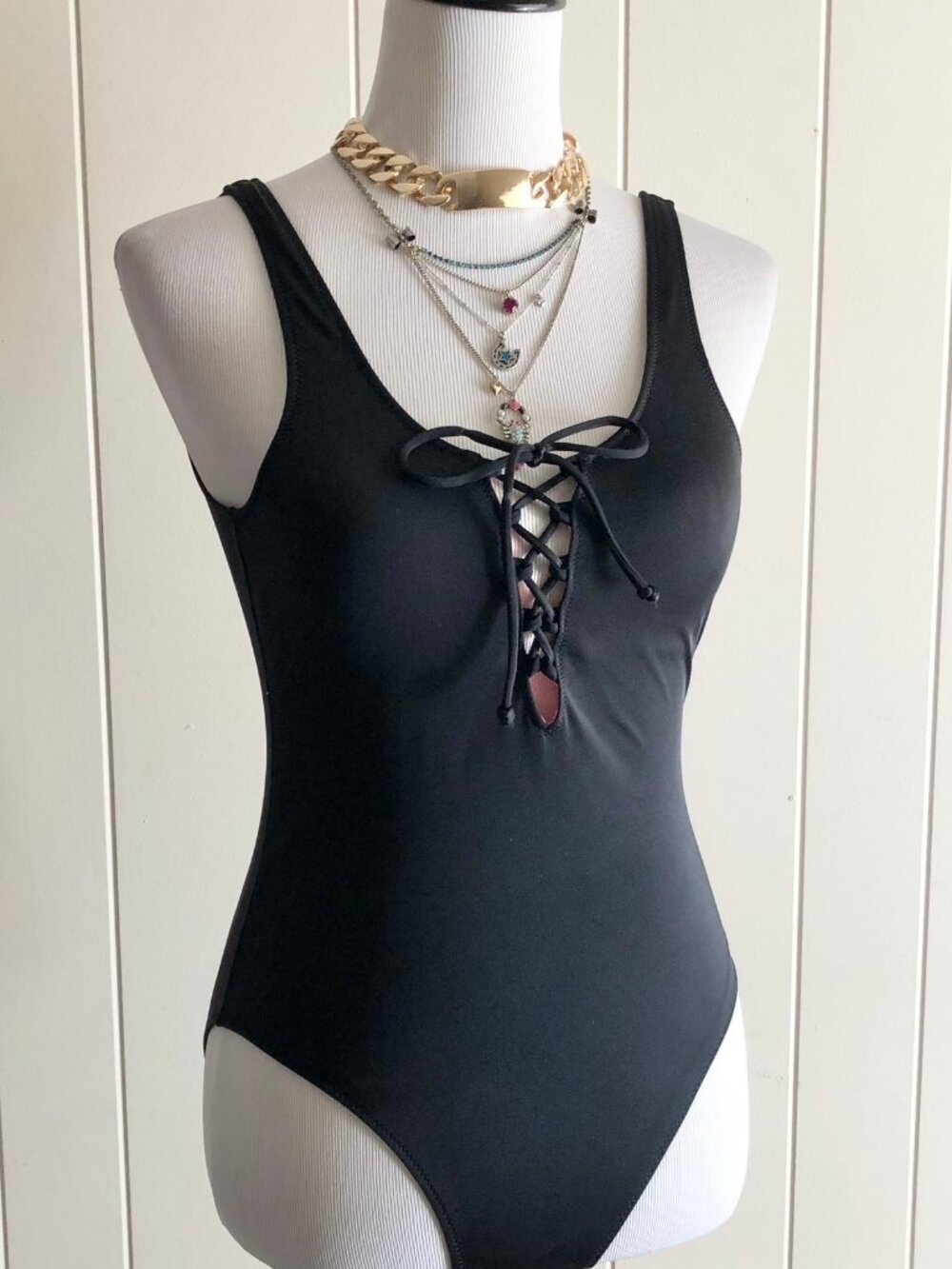 PINK Victoria's Secret Black Lace Up Swimsuit Size S